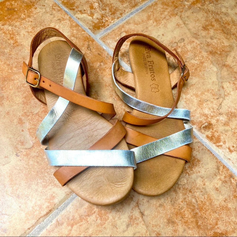 Eva Frutos Sandals Metallic Leather Brown Tan Silver Gold Made in Spain Strappy